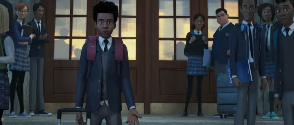 An animated teenage boy in school uniform looking surprised