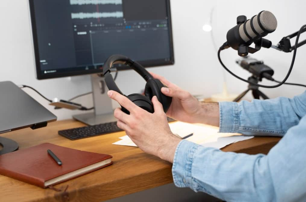 man in jeans shirt holds headphones over the table near the computer screen