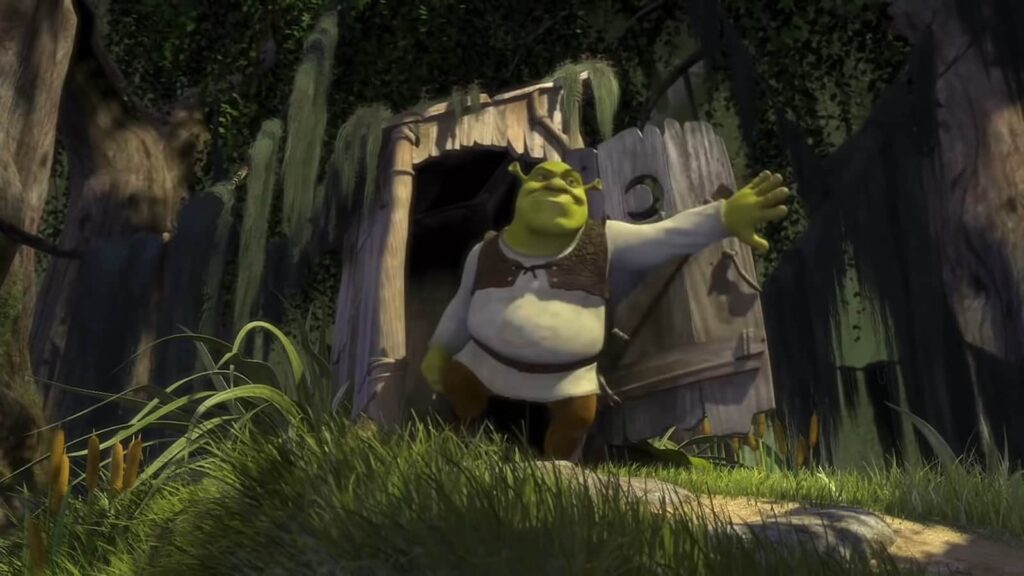 Shrek opening the door of his swamp house, greeting the day