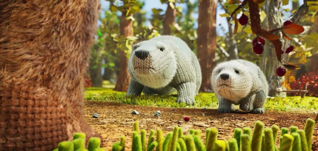 two white beavers standing on the grass in the forest and looking forward