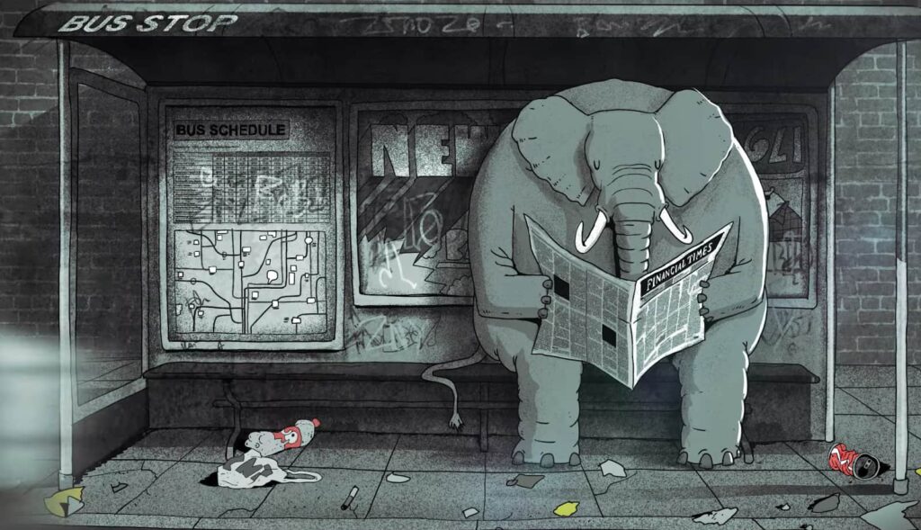 an elephant sitting at the bus station and reading the newspaper