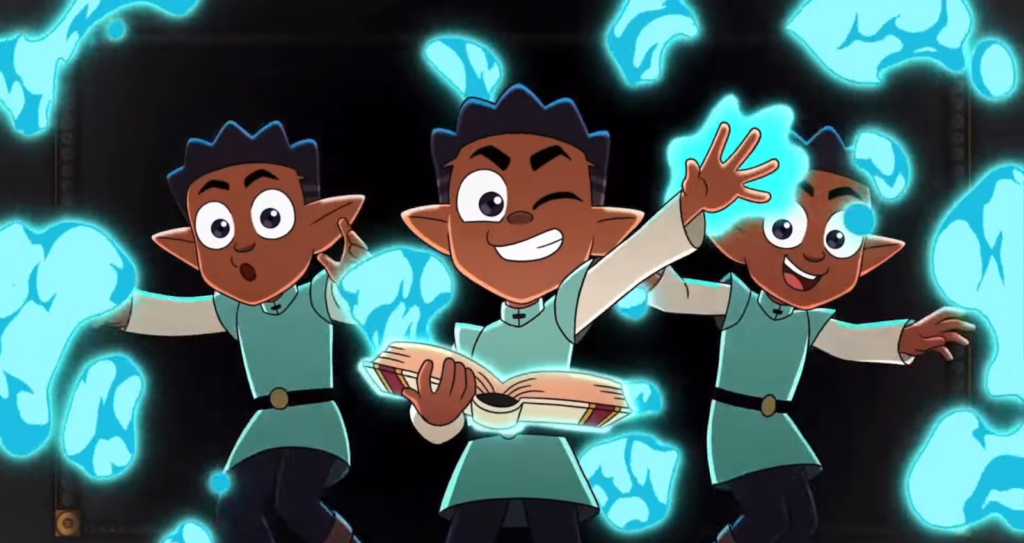 Three cartoon elves casting spells from a book with glowing hands